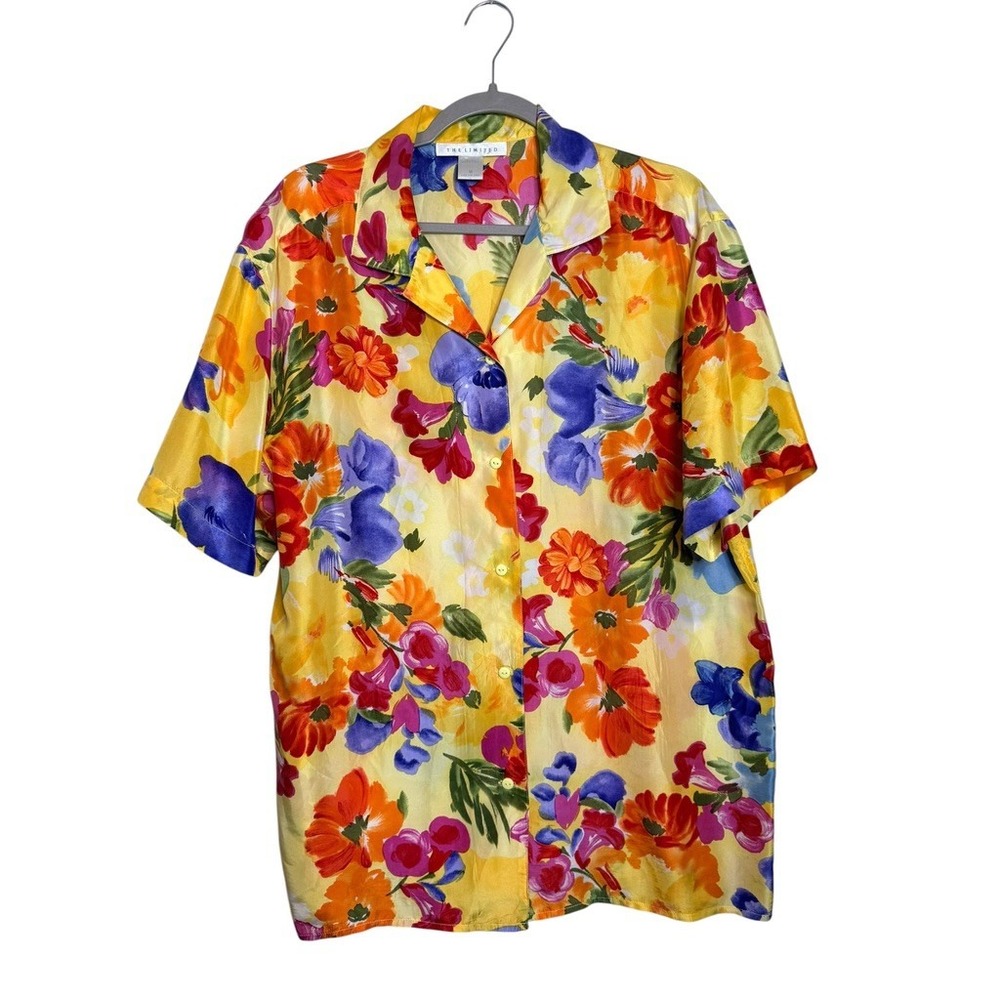The Limited Vintage 100% Silk Floral Button Down Shirt Yellow Orange Medium